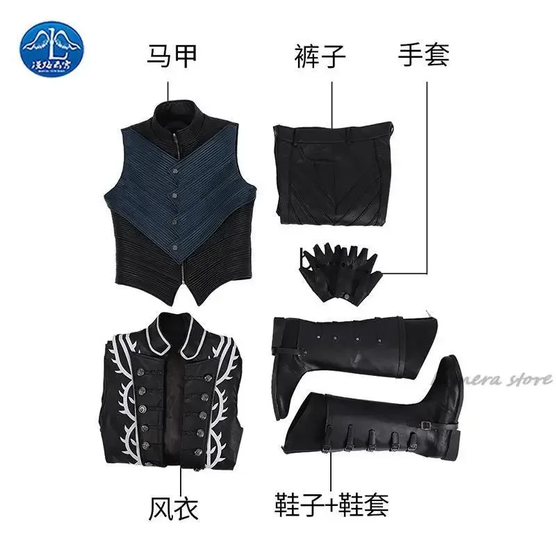 Heißes Spiel dmc5 cosplay vergil Kostüm nelo komplettes Outfit mit Stiefeln Halloween Karneval Männer Anzug Jacke Weste nach Maß