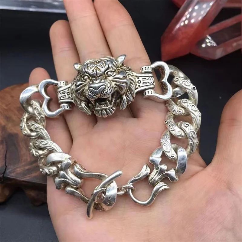 Tibetan Silver Inlaid Domineering Tiger Head Lucky Evil Bracelet Men Women Personalized Jewelry Jewelry Couple Gift