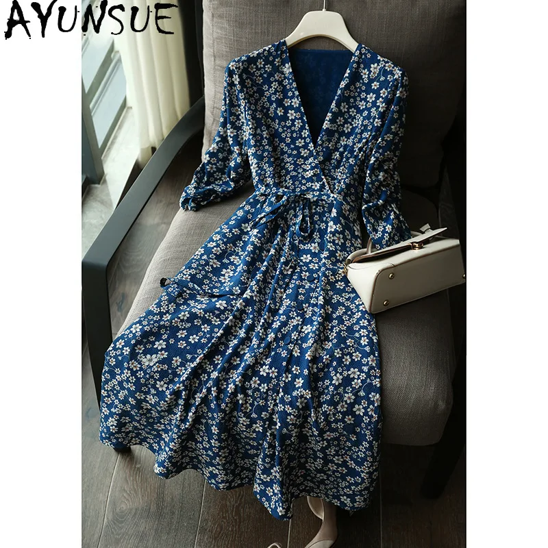 

AYUNSUE Натуральные шелковые платья из тутового шелкопряда для женщин, синее платье с цветочным принтом, летние платья 2026, повседневная стильная женская одежда, Robe Femme