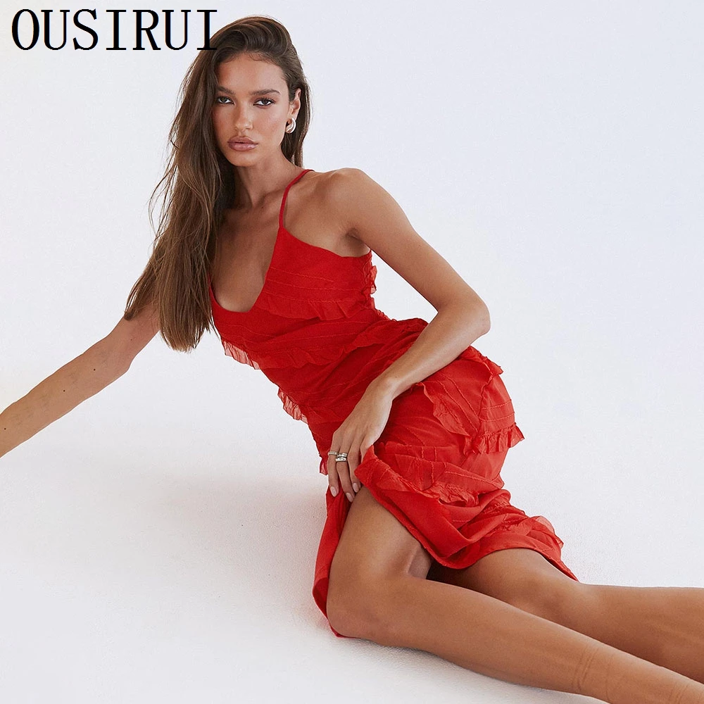 OUSIRUI Формальные Выпускные платья с рюшами для женщин 2024 новые летние красные элегантные коктейльные платья с открытой спиной vestidos elegantes para mujer