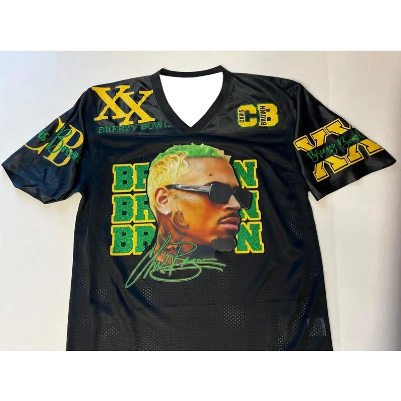 Men Black Mesh V Neck Football Jersey Chris Brown CB XX Letter Print Breathable Quick Dry Hip Hop Sports Tee