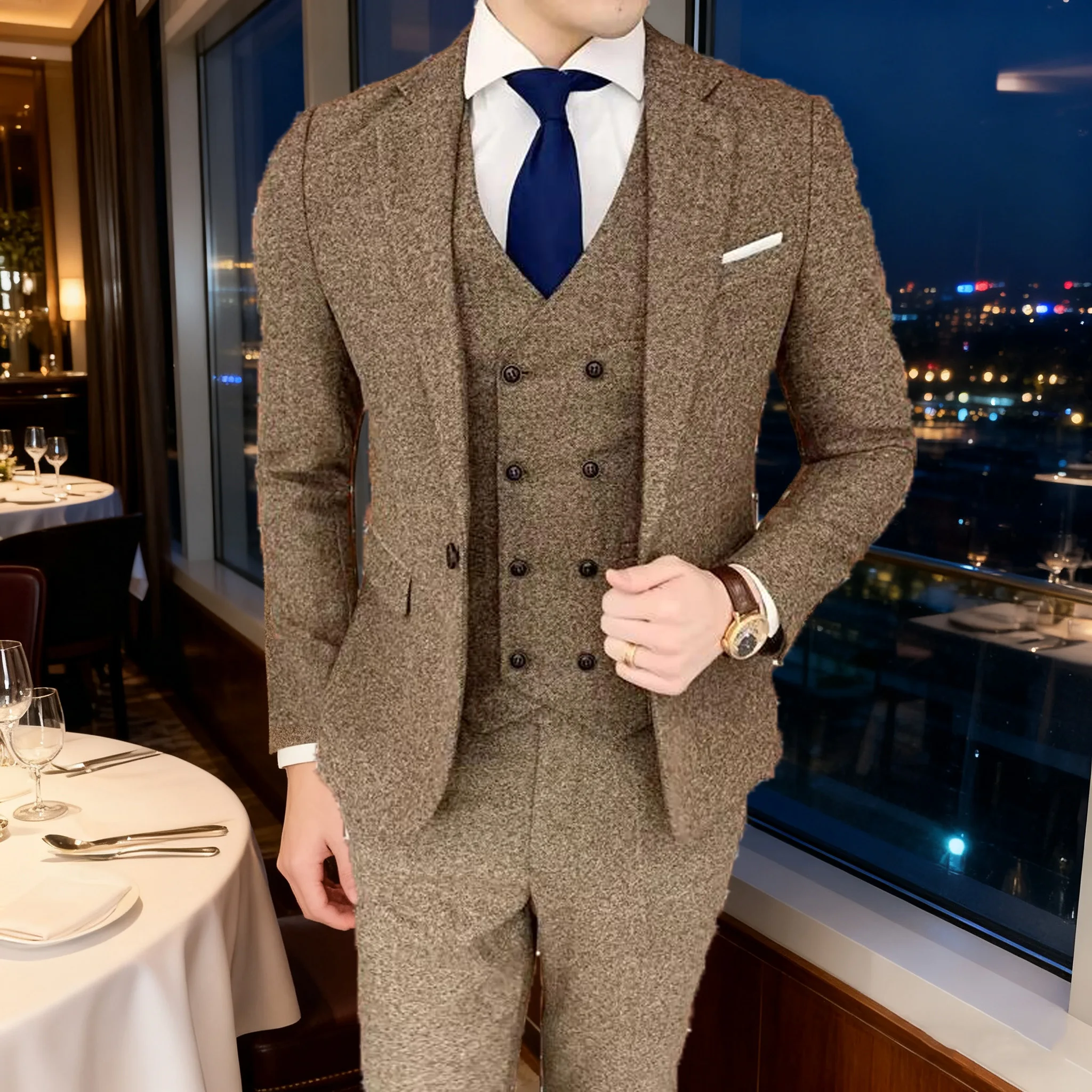 ชุดสูทผู้ชายคุณภาพสูง ทรงเข้ารูป แฟชั่นสำหรับงานเลี้ยง งานแต่งงาน กระดุมเดี่ยว (เสื้อสูท+เสื้อกั๊ก+กางเกง) สไตล์ธุรกิจ หล่อ เท่  รับตัดตามสั่ง ชุดลำลอง