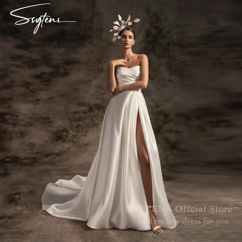 

SSYTENS Elegant Ivory A Line Wedding Dresses Floor Length Sweetheart Bridal Gowns for Women Sleeveless Satin Customized Dress