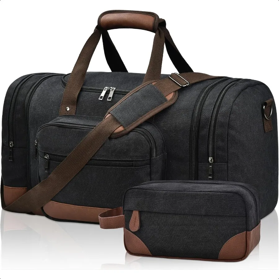 

Duffle Bag for Travel 50L Canvas Travel Duffel Bags Overnight Weekend Gym Carry On Lage Bag for Men Women Black+Toiletry Bag