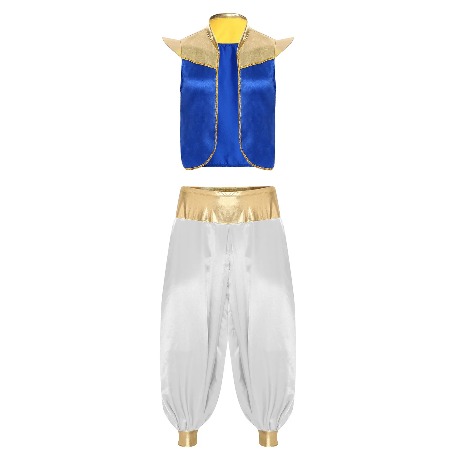 Mannen Arabische Prins Cosplay Kostuum Gouden Trim Open Voorzijde Vest Vlekvest Harembroek Pak Halloween Indiase Podiumdanskleding