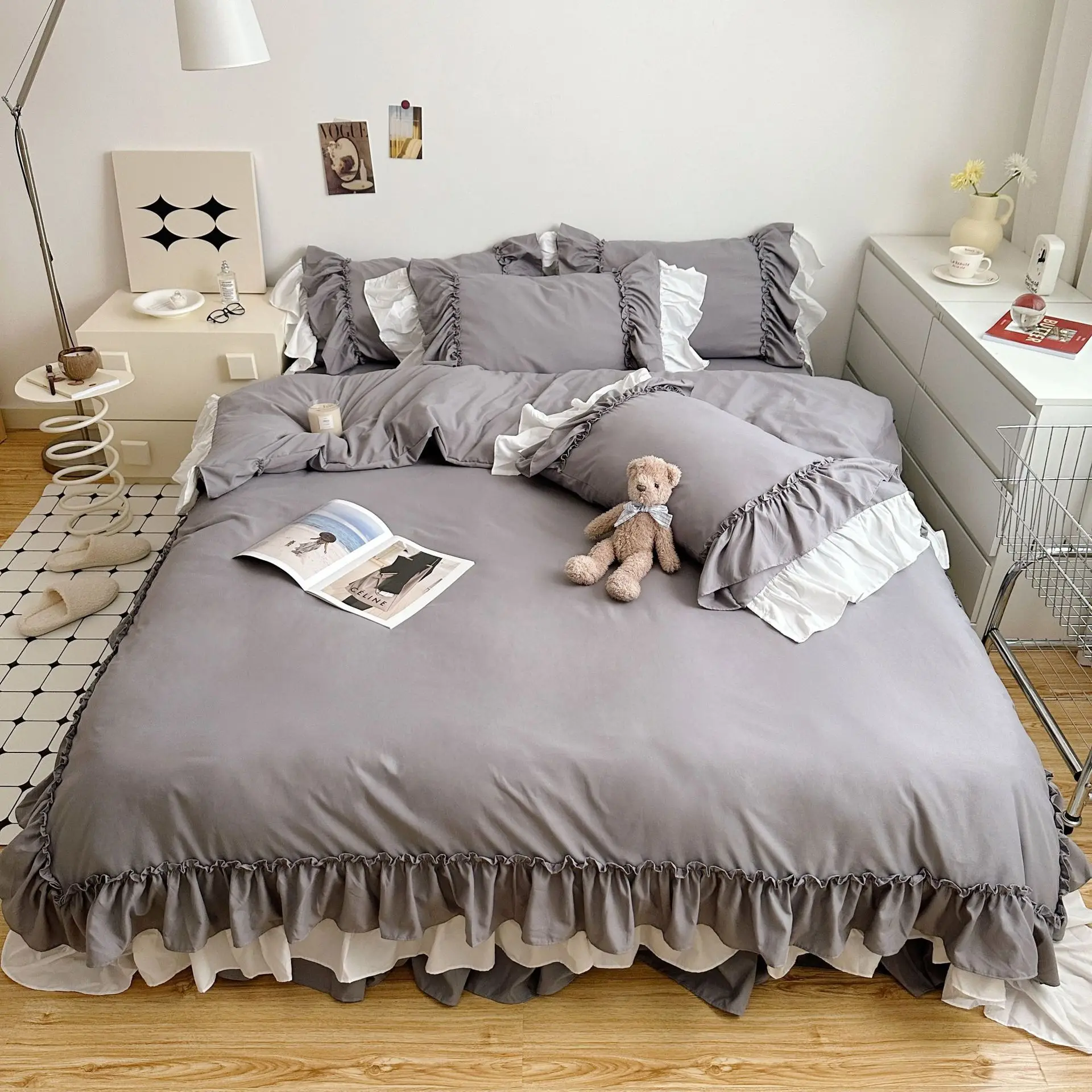 

Korean Princess Ruffle Grey Bedding Set Washed Cotton Duvet Cover Bedskirt Bed Linen Sheets Double Queen King Dorm Room Soft Zen