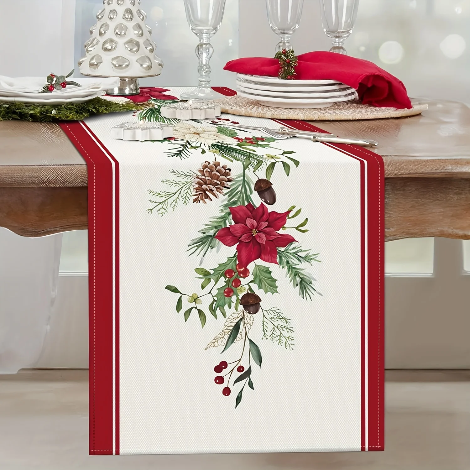 1pc Holiday Table Runner Natural Linen Fabric with Berry Design Water Resistant for Family Gathering Merry Christmas Celebration
