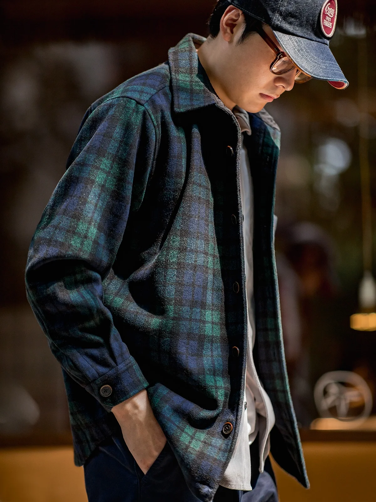 

Maden Men's Woolen Plaid Jaet Loose Thiened Spring Autumn Winter Warm irt Coat Button Decoration Stand Fit Long Sve
