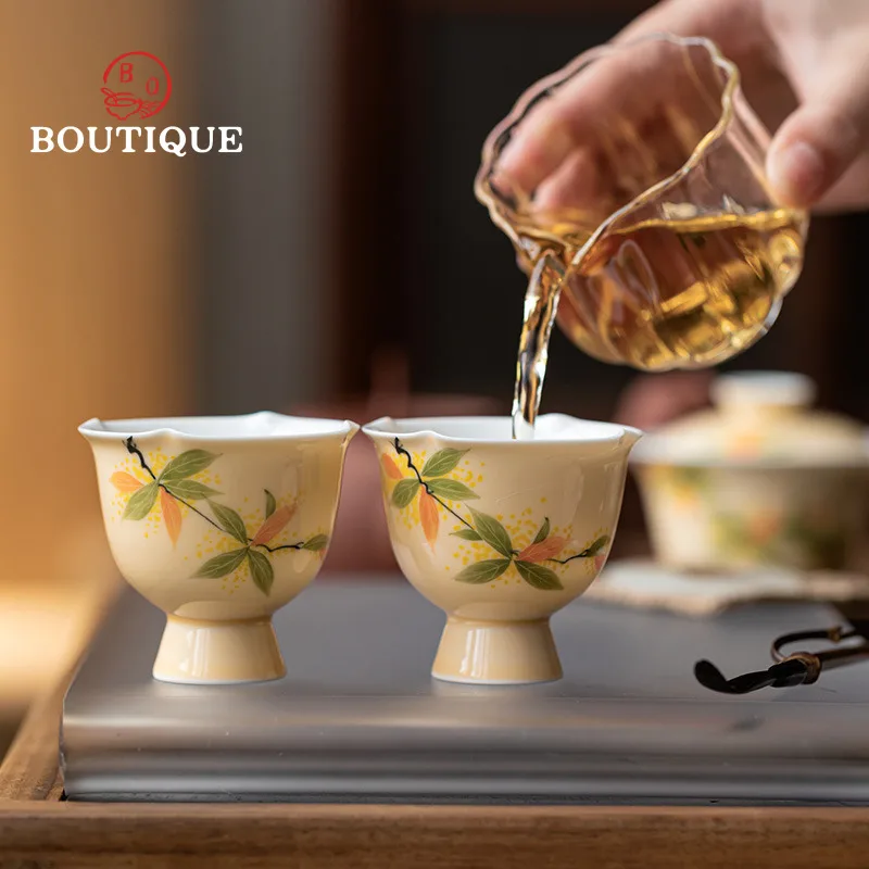 

Pure Hand Painted Ceramic Teacup High-feet Chinese Tea Cup Porcelain Cups Drinking for Tea Aesthetic Puer Pair Gift Jingdezhen