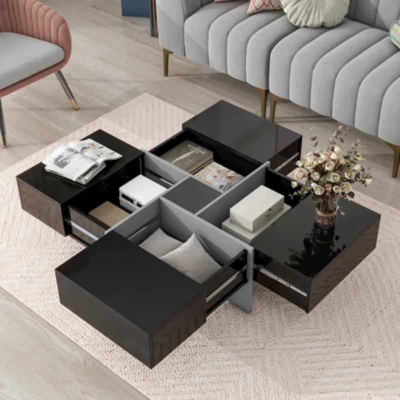 Unique Design Coffee Table with 4 Hidden Storage Compartments, Square Cocktail Table with Extendable Sliding Tabletop