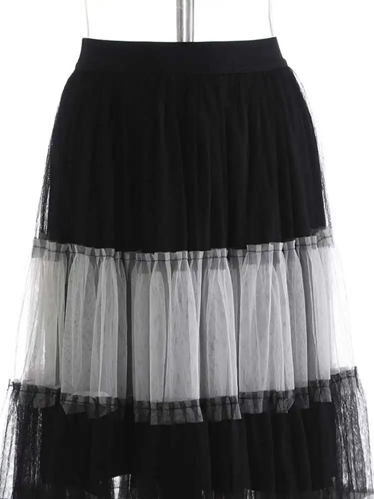 High Elastic Waist Black White Mesh Color-block A-line Half-body Skirt Women Fashion Tide New Spring Autumn