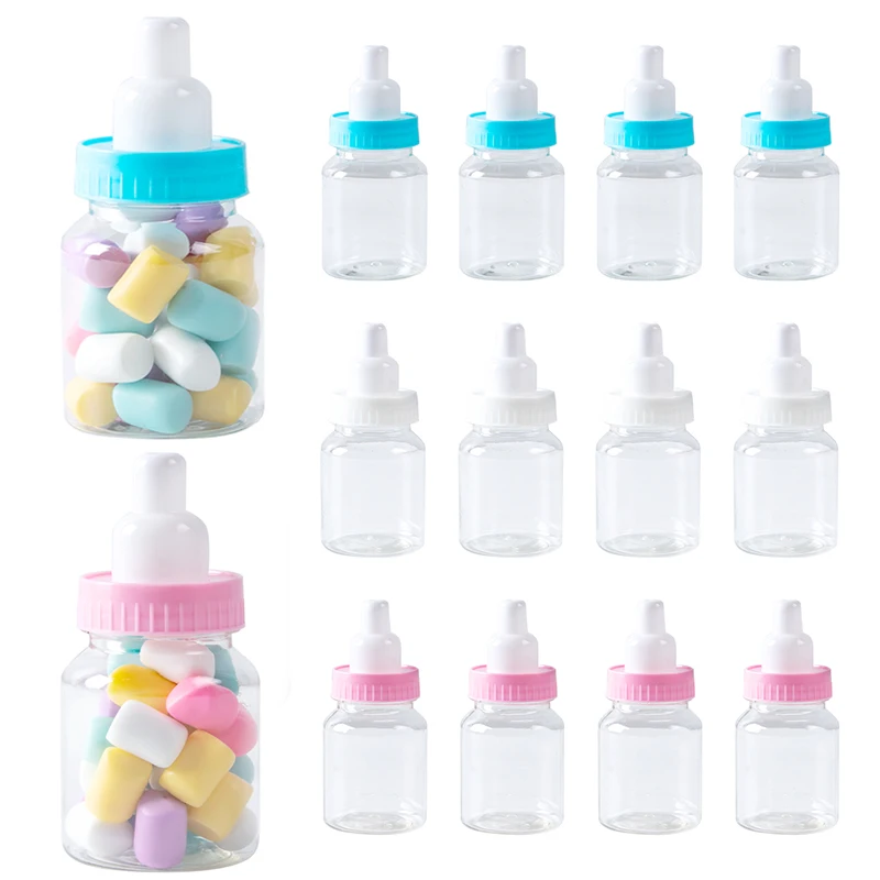 12Pcs Baby Bottle Blue Pink White Plastic Candy Bottle Baby Shower Gift Box Decorations Boys Girls Gender Reveal Party Favors