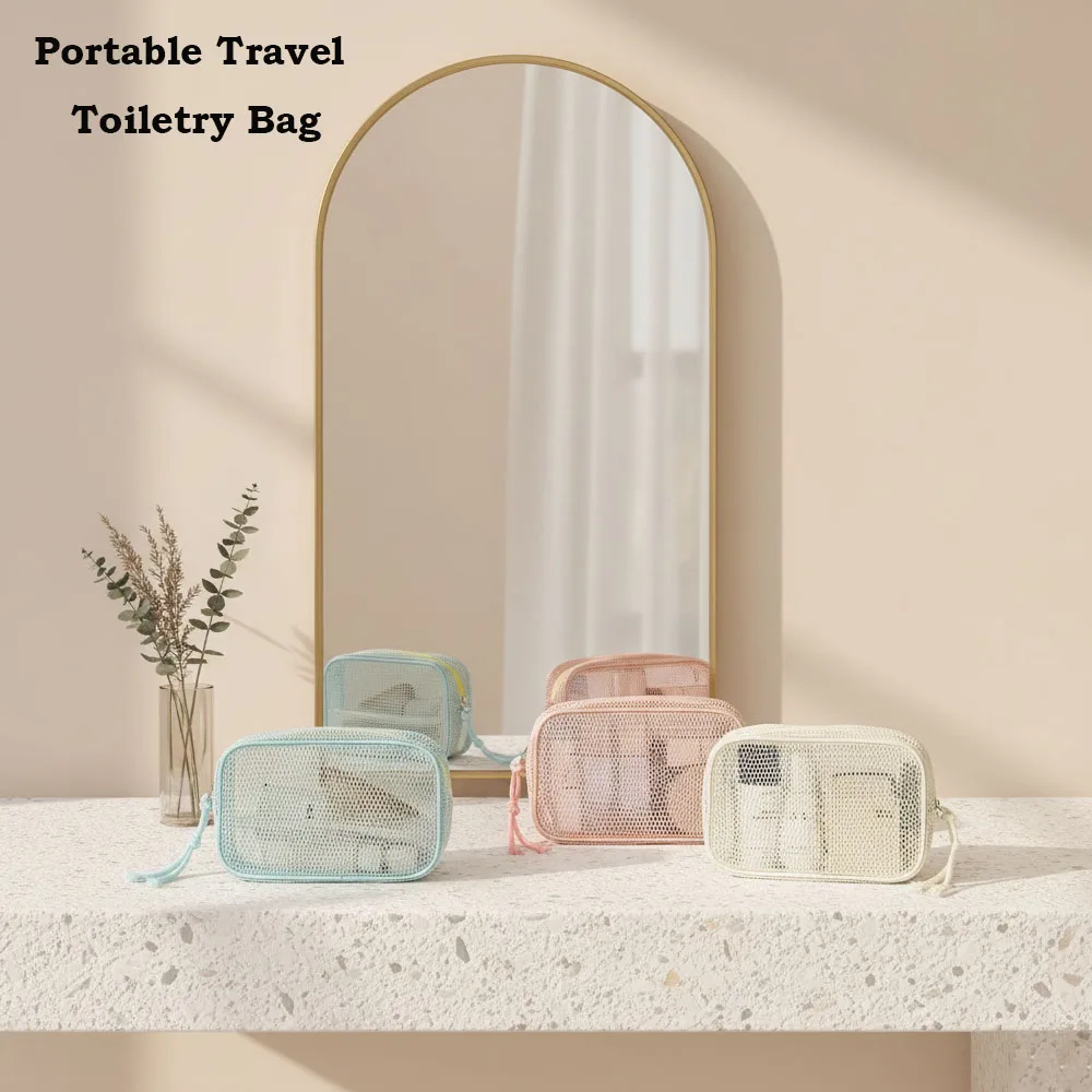 Portable Travel Toiletry Bag Pink Mesh Cosmetic Bag Shower Cosmetic Pouch Beige Breathable Makeup Organizer Bag For Bathroom Gym