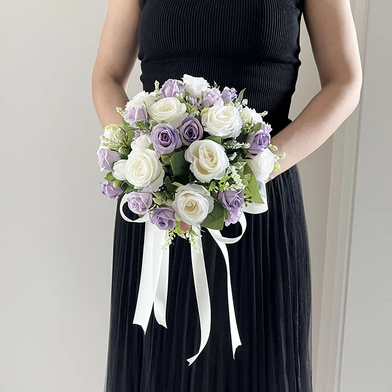 Wedding Bouquet Bride Accessories Bridesmaid Silk Flowers Artificial Roses White Purple Groom Buttonhole Table Centrepiece Decor