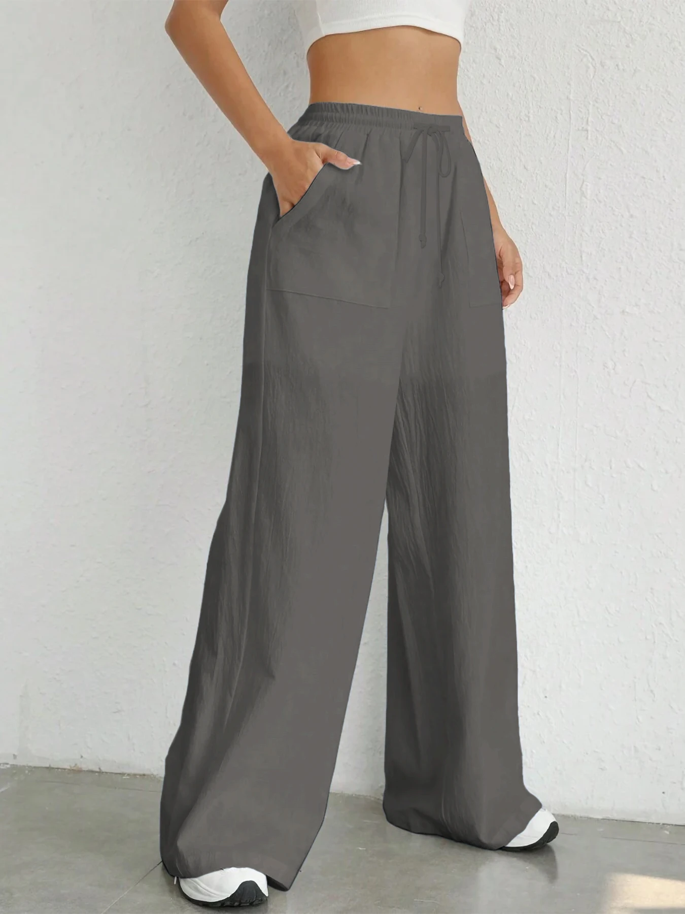 Damen-Hose in Unifarbe, lockere Hose mit weitem Bein, lässige Hose mit Kordelzug, gerade Hose mit Taschen, lässige Hose, lockere Hose mit hoher Taille – Detail 22