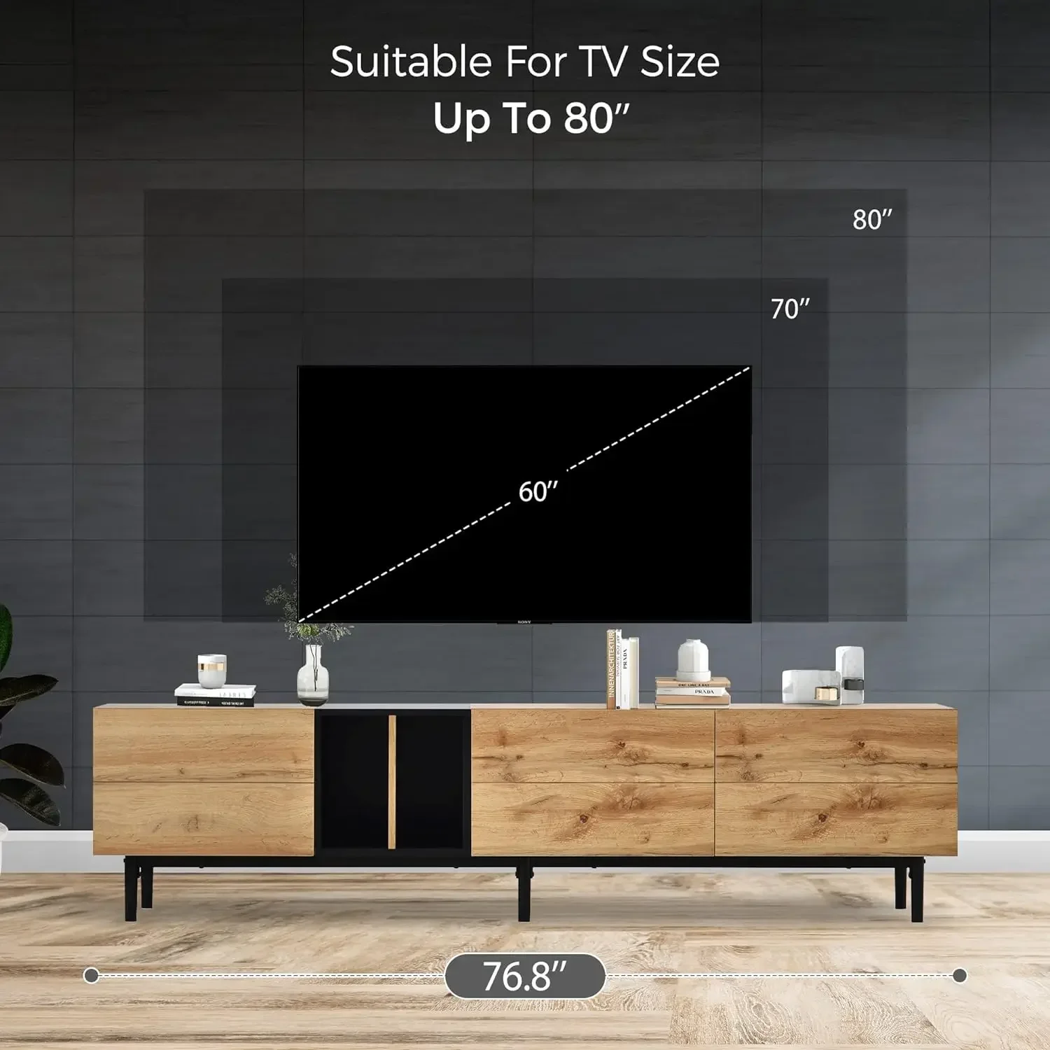 미니멀리스트 나무 엔터테인먼트 센터 TV 스탠드, 3 캐비닛 및 오픈 선반, 거실용 견고한 TV 콘솔, 목재