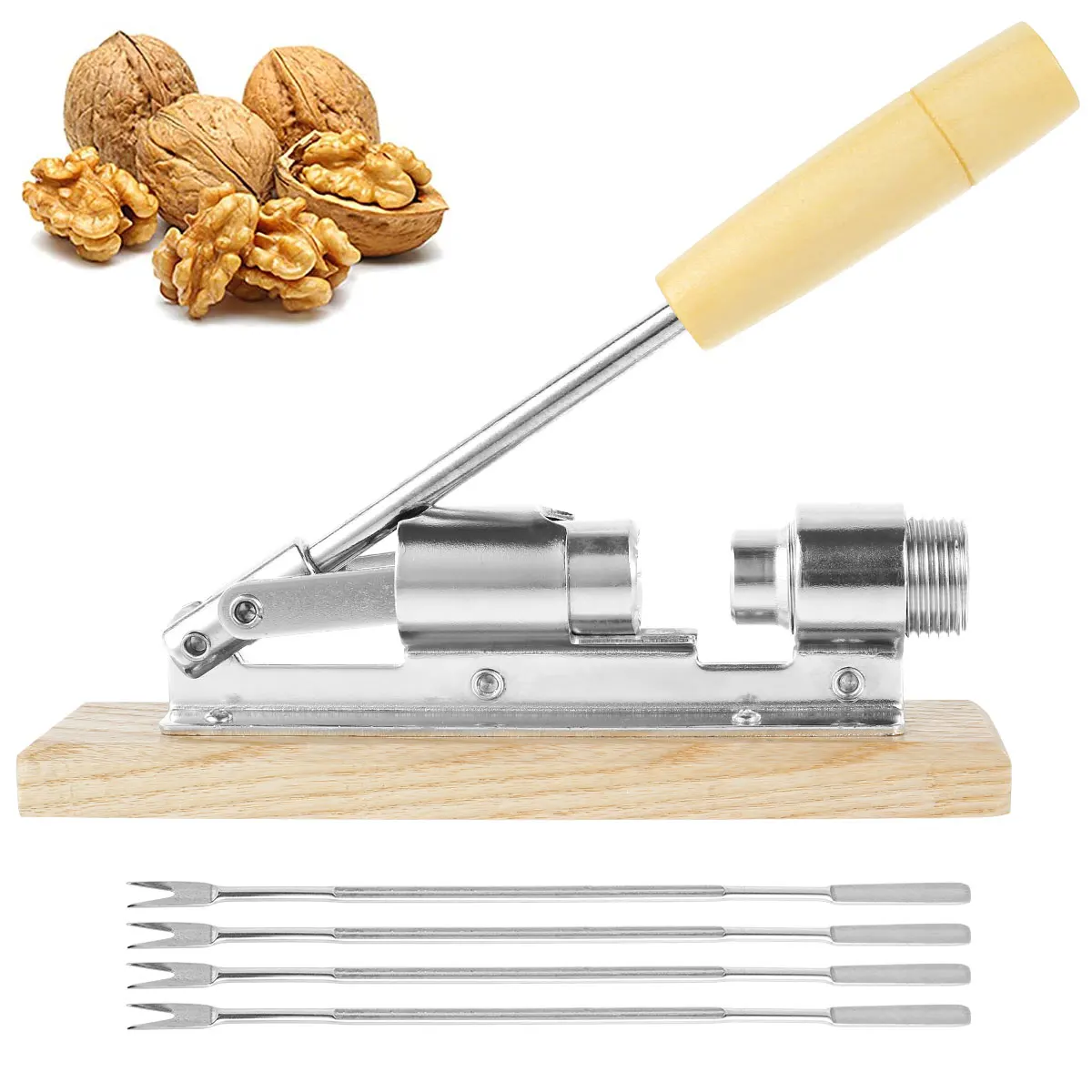 Pecan Nut Cracker Tool for Easy Cracking Heavy Duty Nut Sheller with Wood Base Handle and Fork Adjustable Desktop Nut Crackers