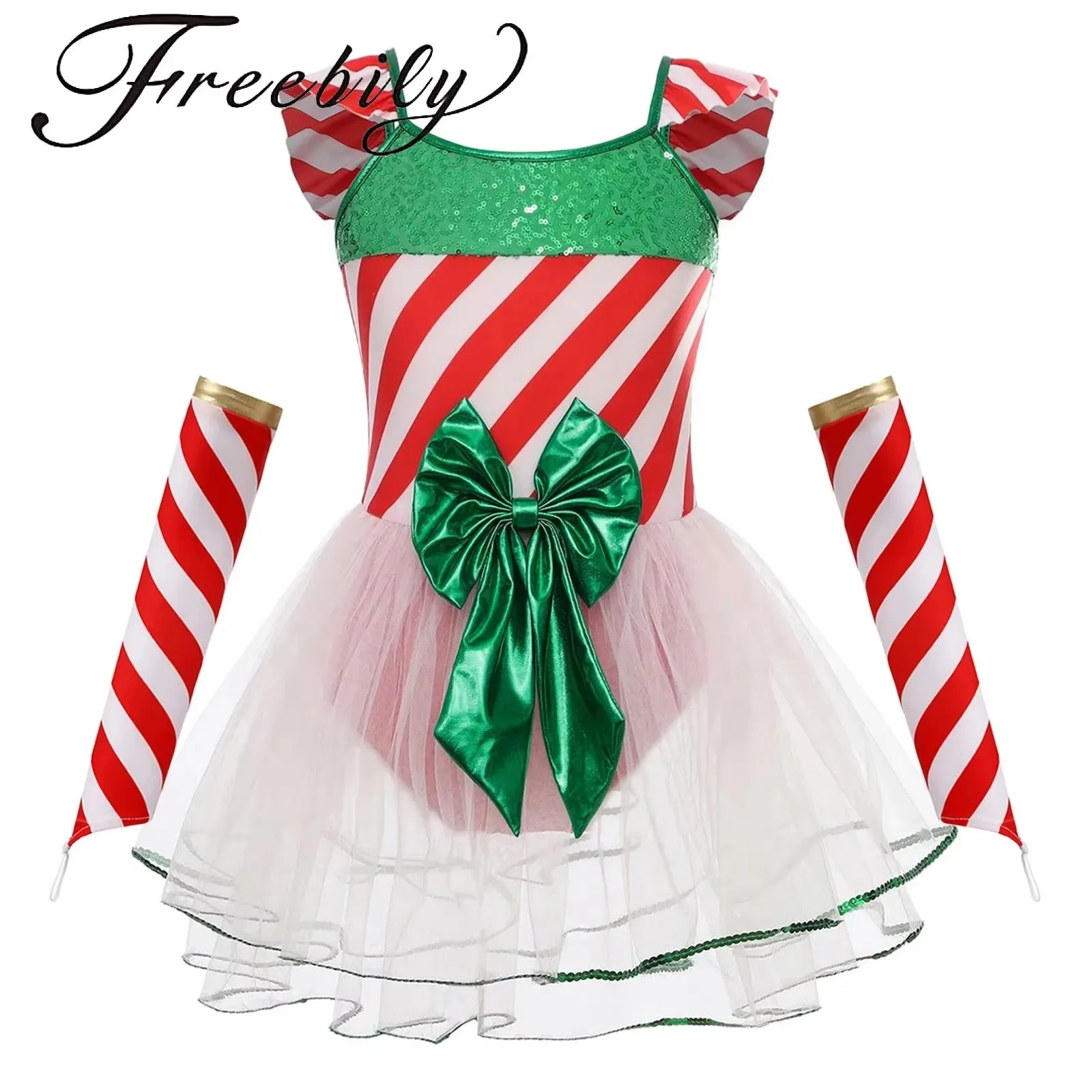 أطفال بنات الترتر عيد الميلاد ملابس رقص قصب الحلوى مخطط Bowknot شبكة الباليه توتو فستان + بأكمام طويلة سانتا التزلج ثياب #1