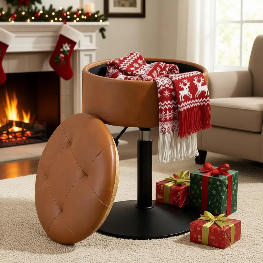 

Регулируемый по высоте поворотный табурет для туалетного столика с местом для хранения, из искусственной кожи цвета виски, идеально подходит для косметических комнат и жилых помещений