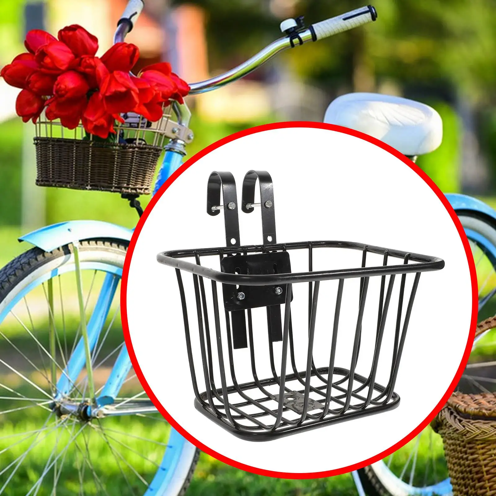 Bicycle Bike Front Handlebar Basket with Hooks Black for Commuting Universal