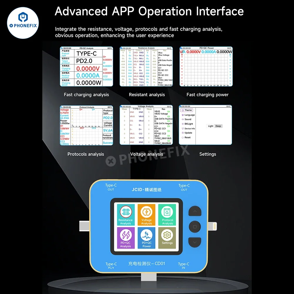 JCID CD01 Charging Detector CD01 Use with JC Intelligent Drawing Faults Diagnosis Type-C Lightning Port Tester IPhone Android