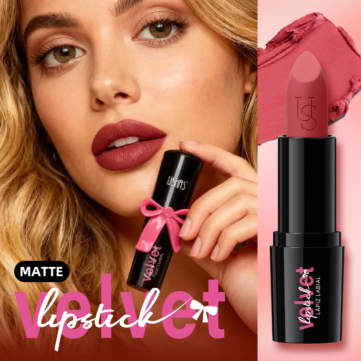 Блеск для губ USHAS - стойкий, нелипкий, водостойкий, матовый, не оставляет следов, долговечная жидкая помада.