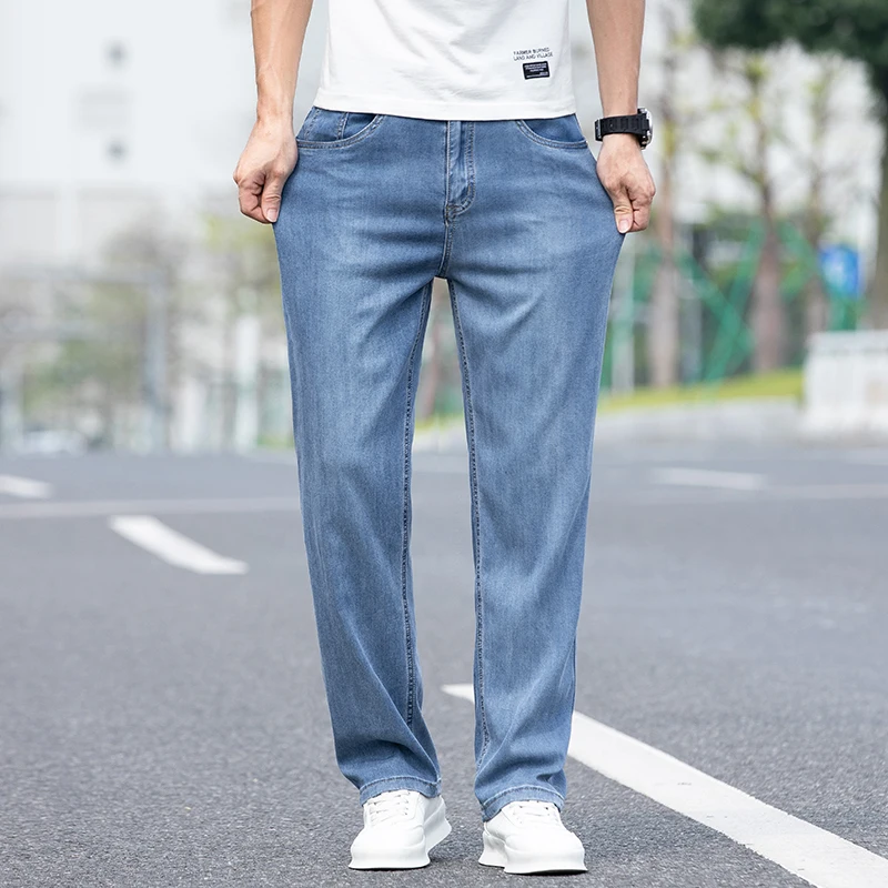 

2025 Spring Summer Men Lyocell Jeans Loose Straight Wide Leg Casual Trousers Trendy Cross Border High Quality Breathable Fashion