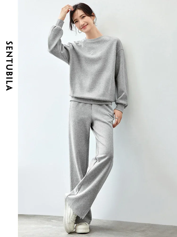 SENTUBILA Women Cotton 2 Piece Set 2024 Autumn Letter Embroidery Sweatshirt Straight Slit-hem Pants Pant Set 143Z56186