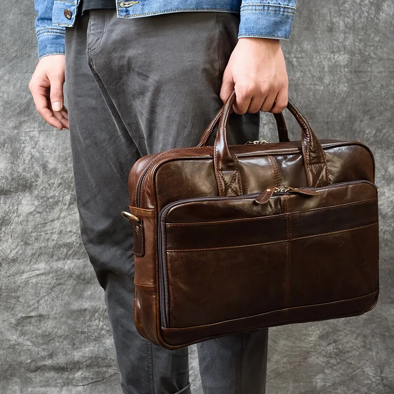 Genuine Leather Men's Briefcase Business Handbag Vintage Cowhide Male Shoulder Crossbody Bag Office 14 "Inch Laptop Bag