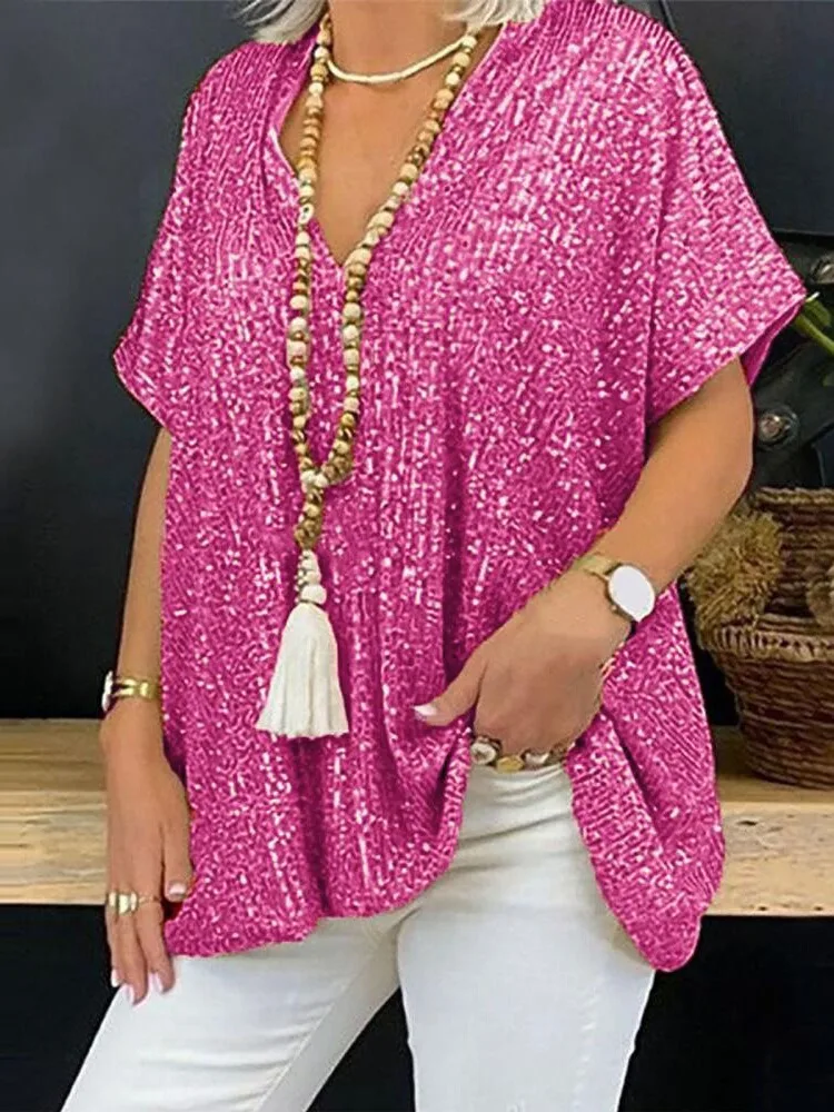 

Loose ort Sve V-ne T-irt Sparkling Sequins Street Sle Women's Faion Bright Color ort T-irts for Ladies