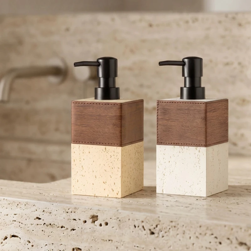 Limestone Texture Soap Dispenser, Square Body with Walnut Wood Pattern Top and Black Pump Handle, for Modern Bathroom Decoration