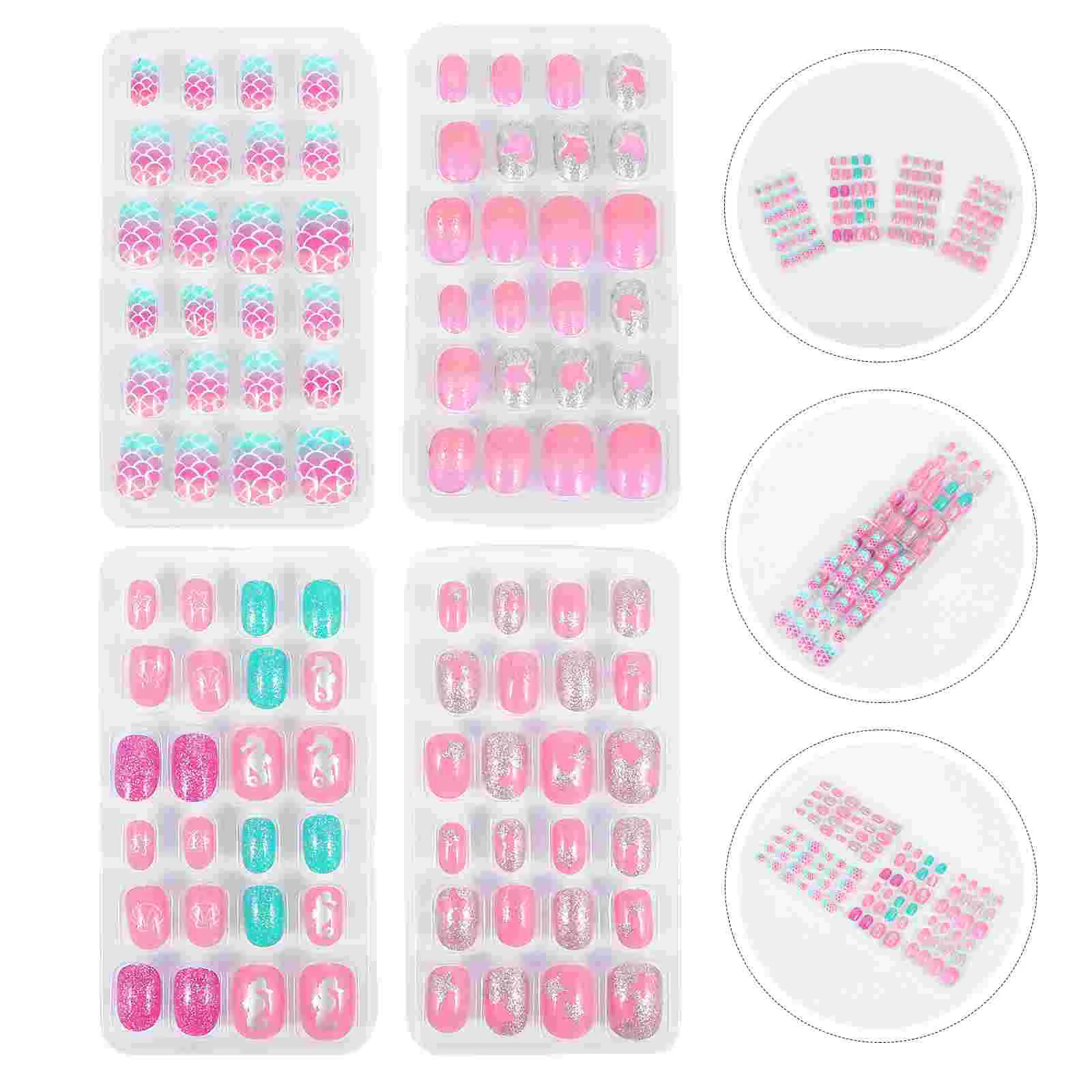 

4 Boxes 96 Pcs Kids' Fashionable Press On Tips Manicure Kit Colorful Fake Nails Kid Friendly Nail Nail for Girls