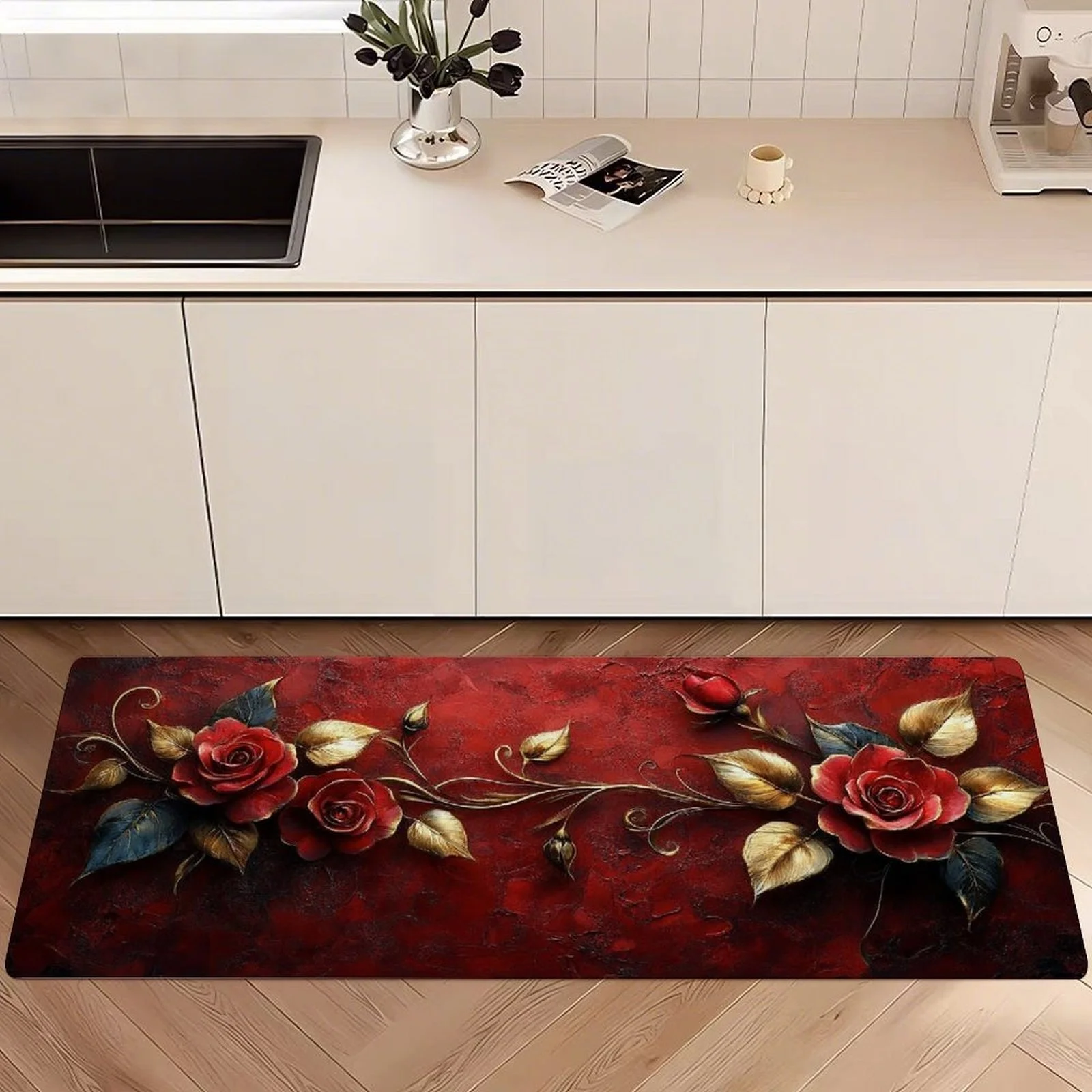 VIKAMA Dunkelroter Teppich Premium Rose Fußmatte Willkommensmatte Küchenteppich Teppich für Wohnzimmer Badezimmermatte Teppich für Schlafzimmer Zuhause Dezember