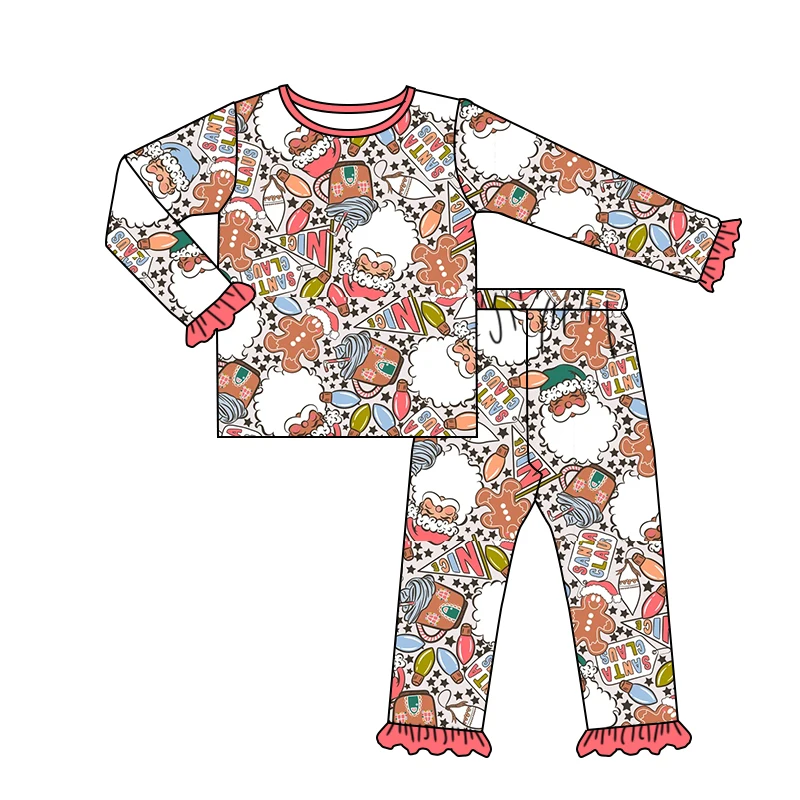 New Design Boys and Girls Christmas Pajamas Girls Pajamas Set Ruffled Long Sleeve Santa Head Ginger Bread Print Boutique Pajamas