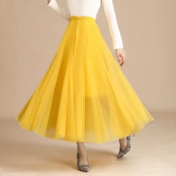 

Женская плиссированная юбка-миди из сетки на 720 градусов, весна-лето, с высокой талией, эластичная, А-силуэт, для танцев