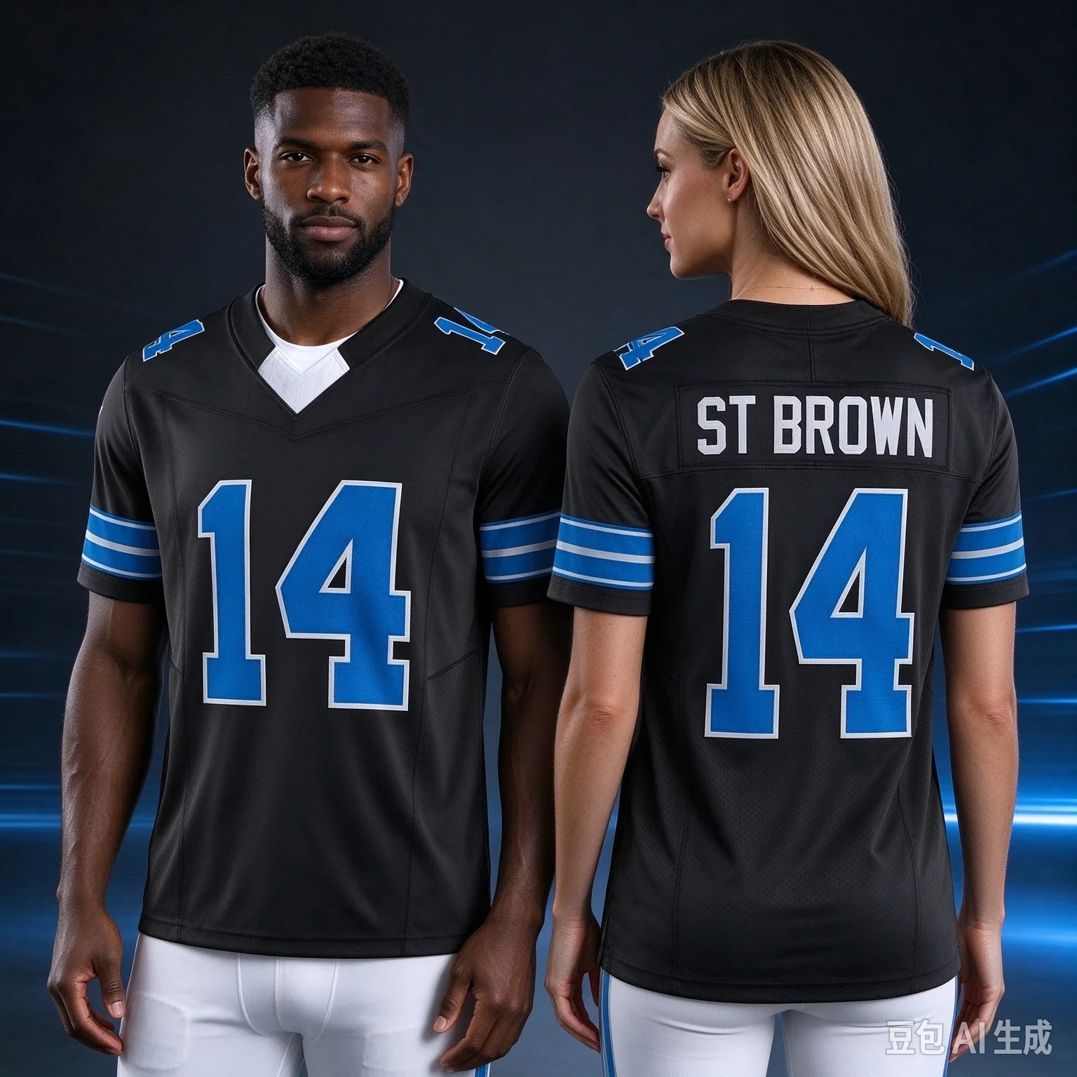2027-27 Men's #14 Amon‑Ra St Brown Blue Short Sleeve American Football Top Rugby Sport Uniform for Sports Fans Family Matching