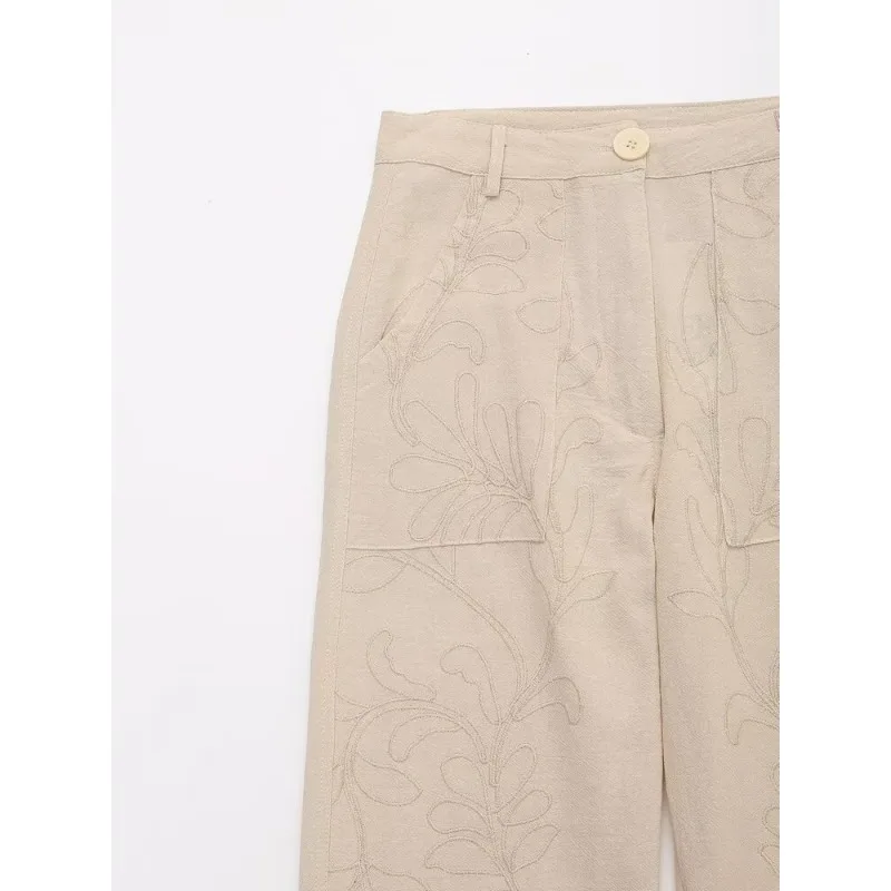 TRAF ZR Beige Pants Summer Pants Woman 2024 Korean Popular Y2k Embroidery Trousers Minimalist New in Trousers and Pants