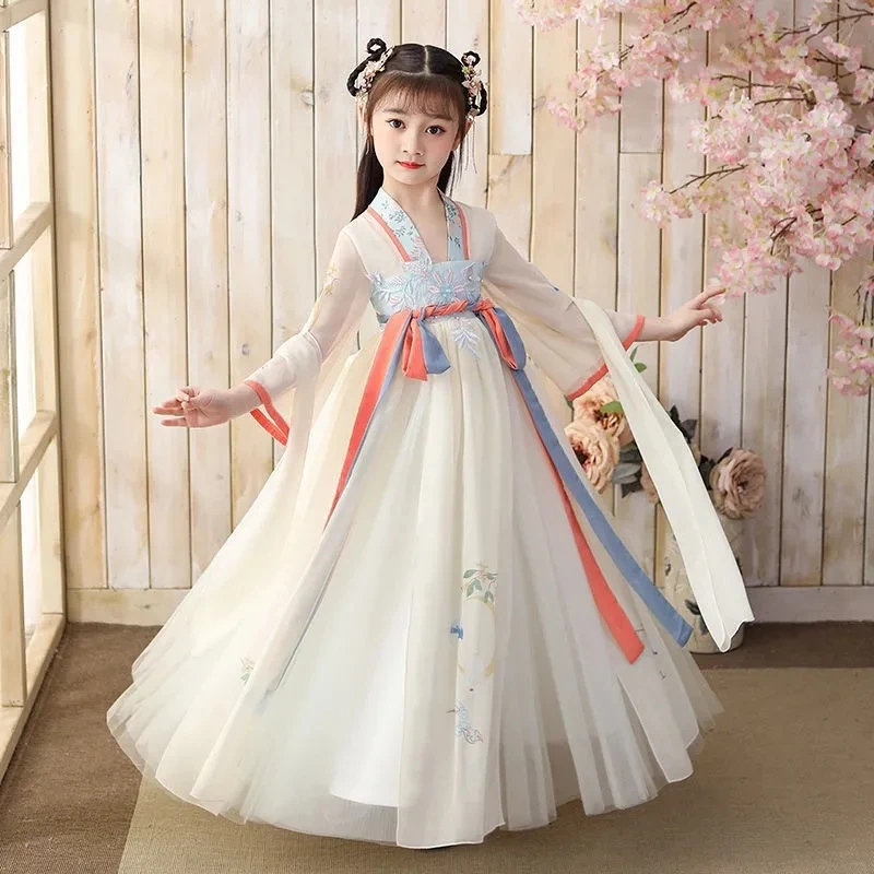 

WATER Hanfu Girls Children's Ancient Summer Dresses Tang Dynasty Chinese Traditional Style Kids Stage Outfit Costume Folk