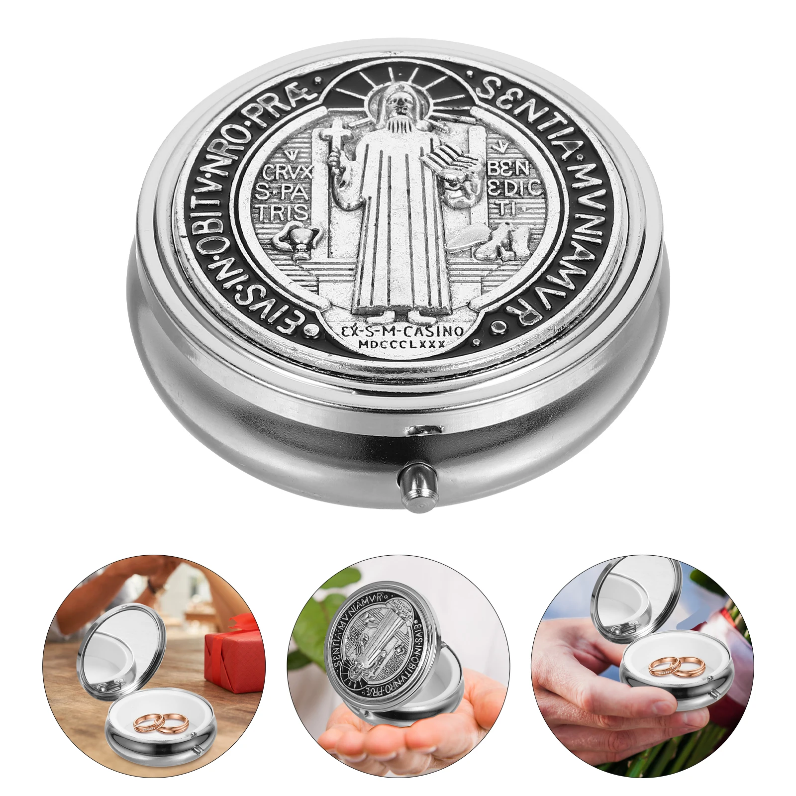 

Saint Benedict Rosary Beads Case Vintage Metal Jewelry Necklace Box Religious Gift Packaging Elegant Storage Container Bracelet