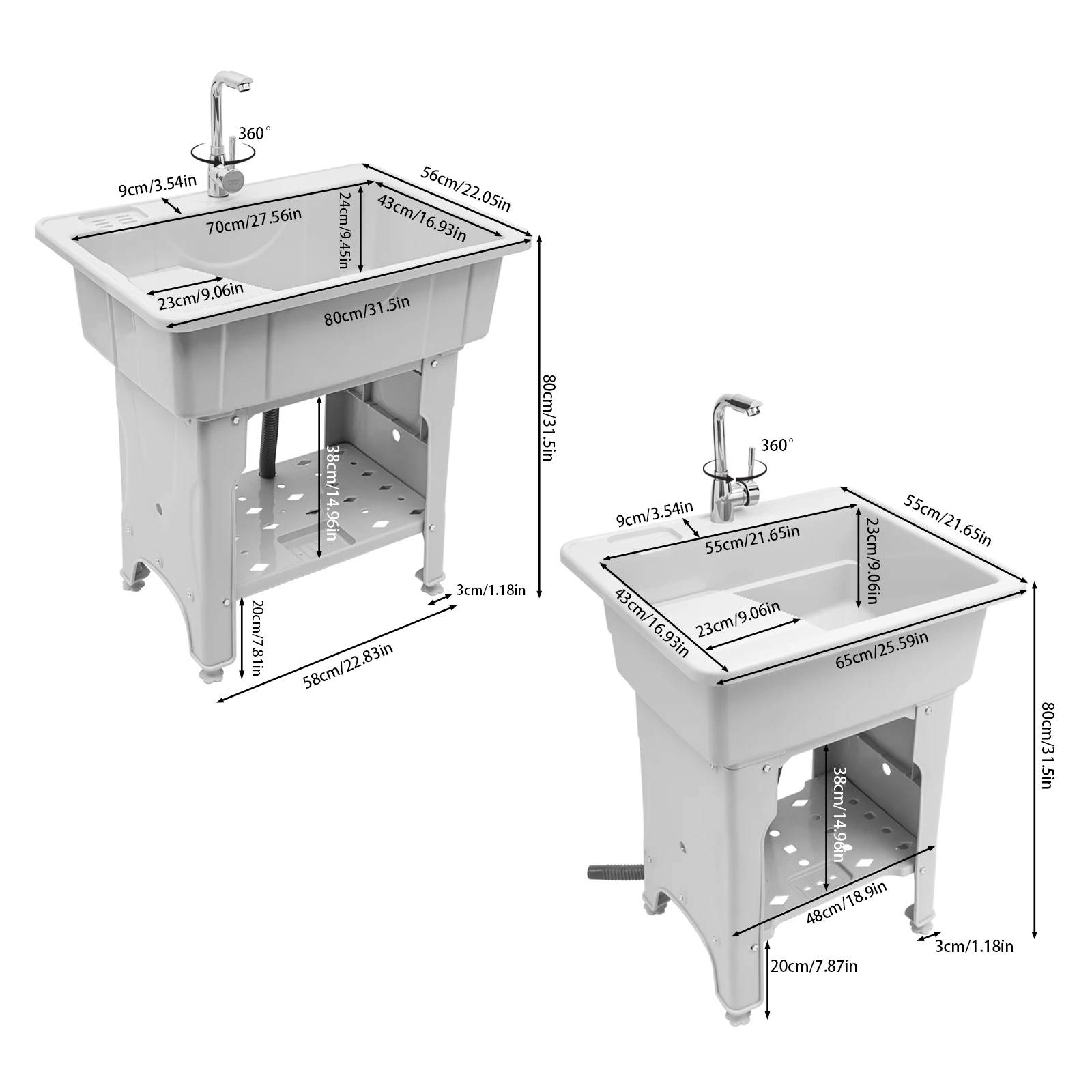 65/80cm Laundry Sink Spacious Utility Sink Utility Sink with Storage Shelf Slop Sink Wash Station