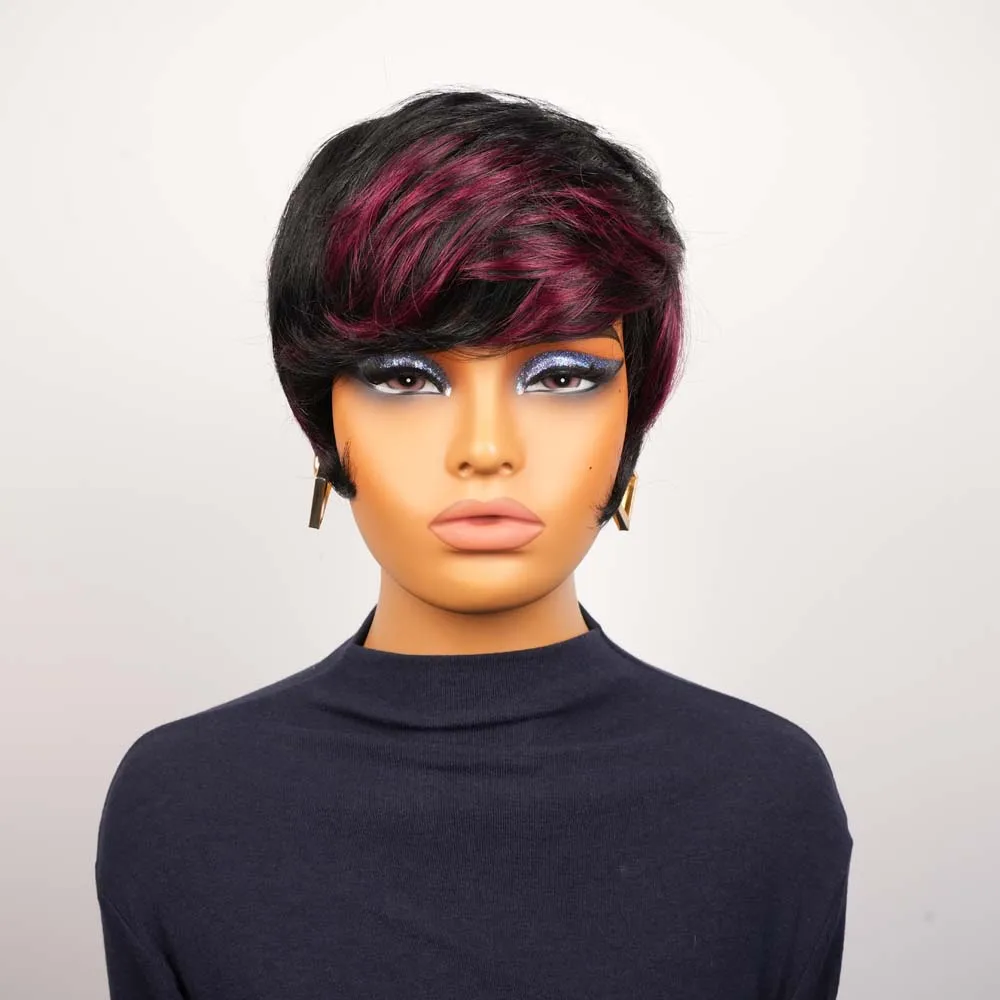 짧은 스트레이트 픽시컷 가발 블랙 버건디 보브 가발 앞머리 포함 기계 제작 브라질 레미 인모 가발 흑인 여성용