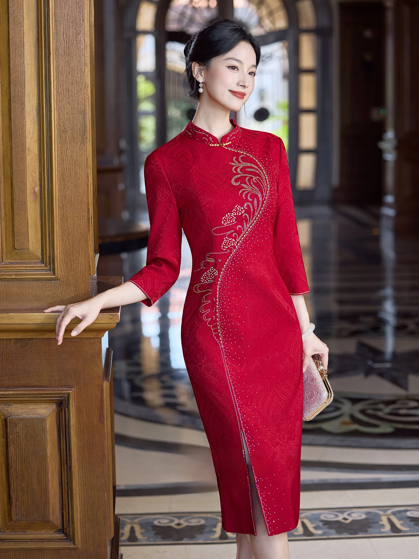 

Red Wedding Dr Long Sve Women's plus Size ort Length Flag Robe Vintage Sle Diamond Design Polyester Fiber