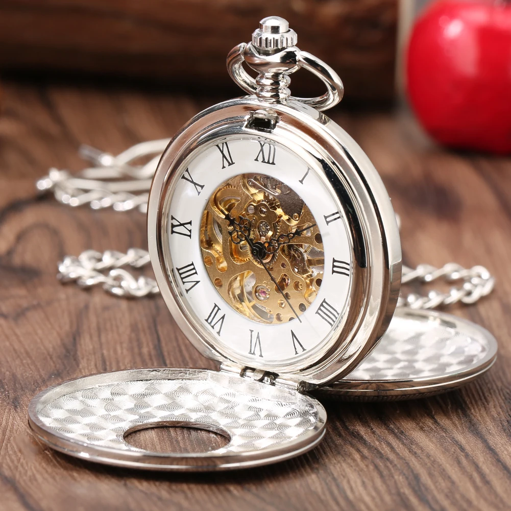 Classic Stylish Roman Numerals Display Mechanical Hand Winding Pocket Watch Double Cover Fob Chain Retro Timepiece Gift Male