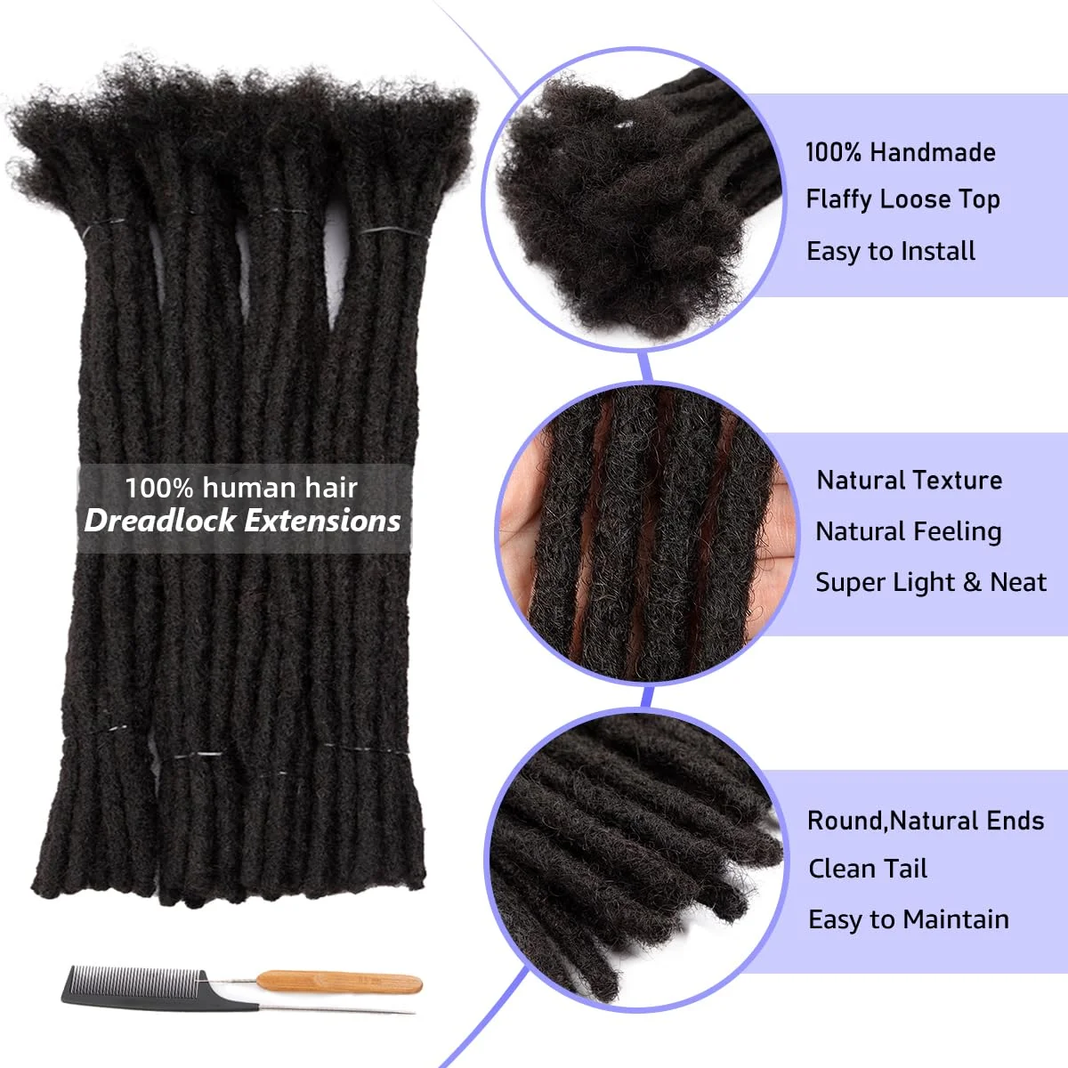 0.8cm Diameter 8 Inch 10 Strands 100% Human Hair Dreadlock Extensions for Men/Women/Kids Full Handmade Permanent Dread Locs