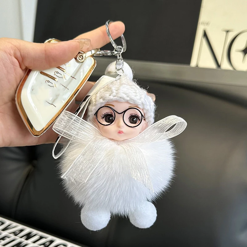 Lindo Mini llavero con pompón, colgante creativo de muñeco de piel de zorro a la moda para mujer, bolso, llavero de coche, regalo para niña, llavero de felpa bonito