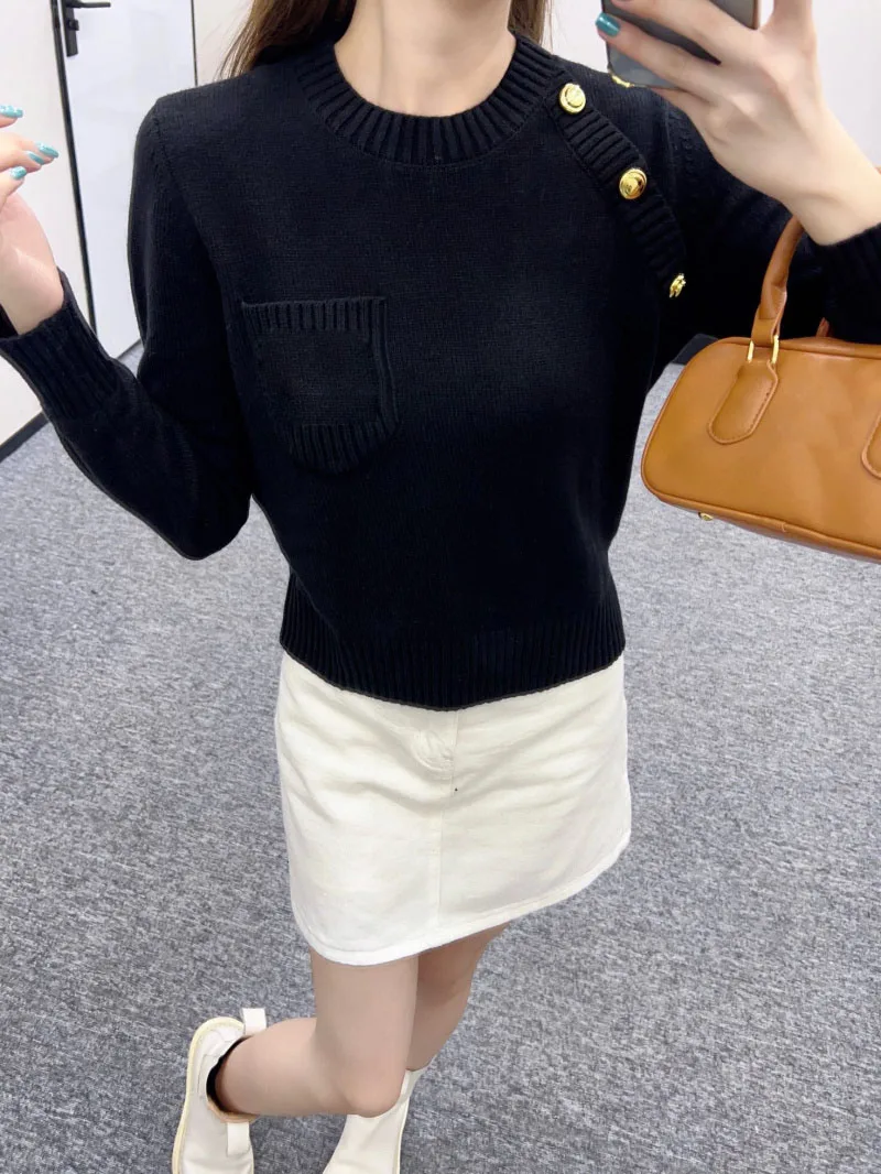 Fashion Runway Winter White Wool Knitting Casual Pullovers Women's O-Neck Loose Long Sleeve Chic Button Sweaters