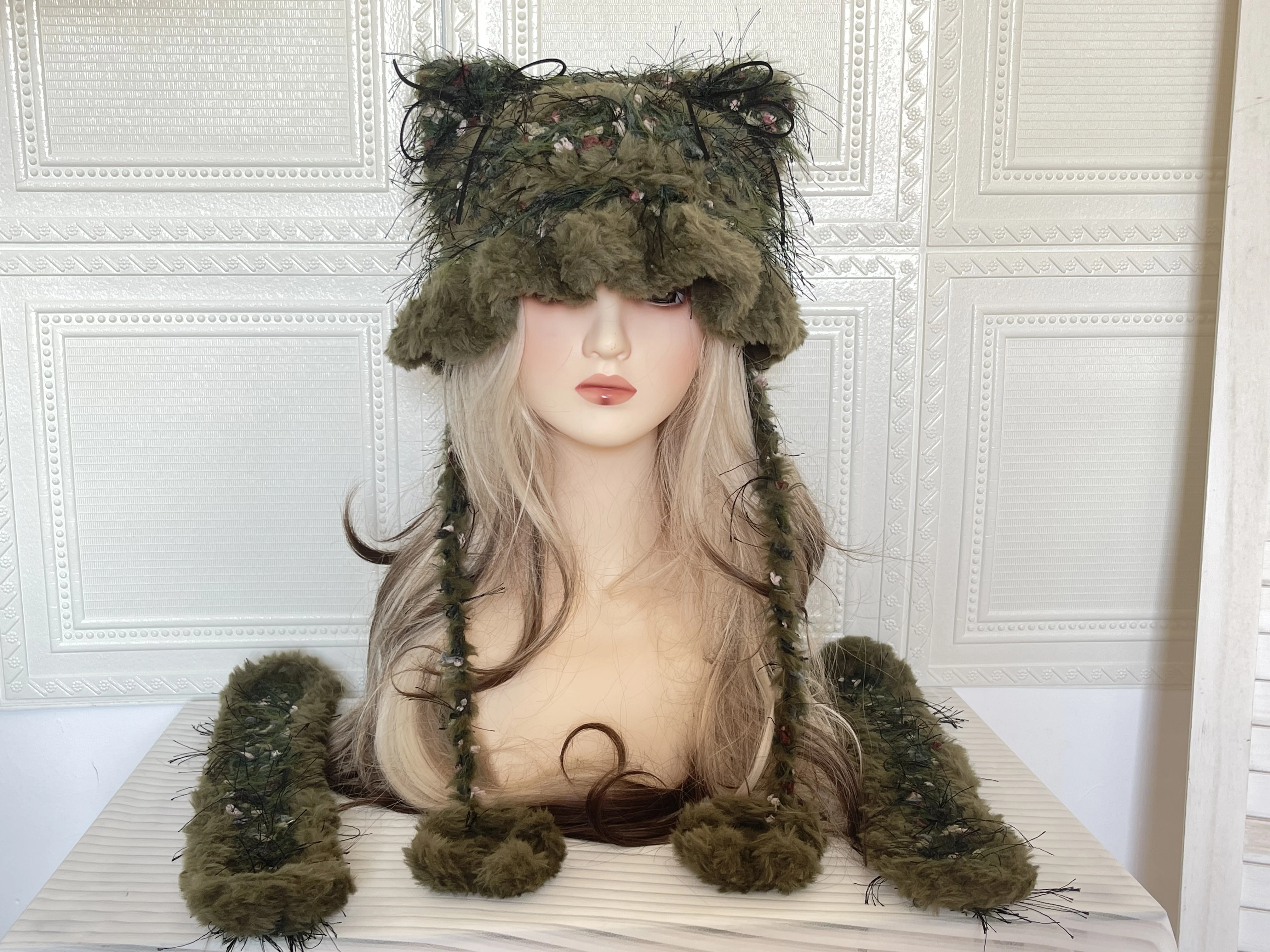Le orecchie di coniglio sono rimovibili Cappello decorativo Cappello da vacanza per mamma fidanzata cappello all'uncinetto Cappello verde foresta Kawaii