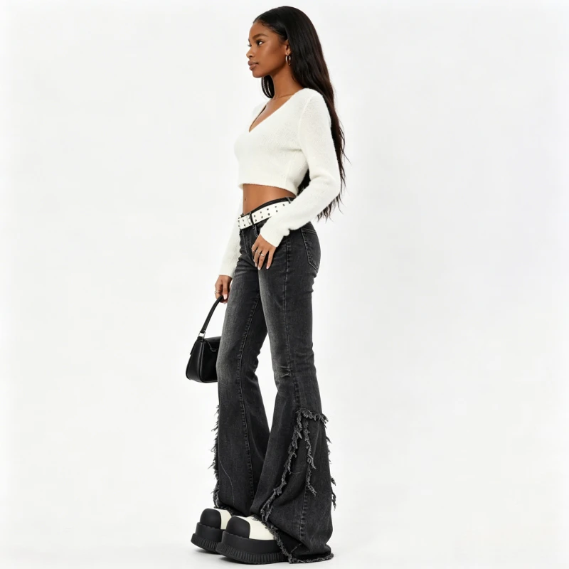 Bootcut Jeans Denim Pant Women Vintage Washed Low Waist Straight Trousers Slim Fit Raw Edge Frayed Work Casual Y2k Streetwear