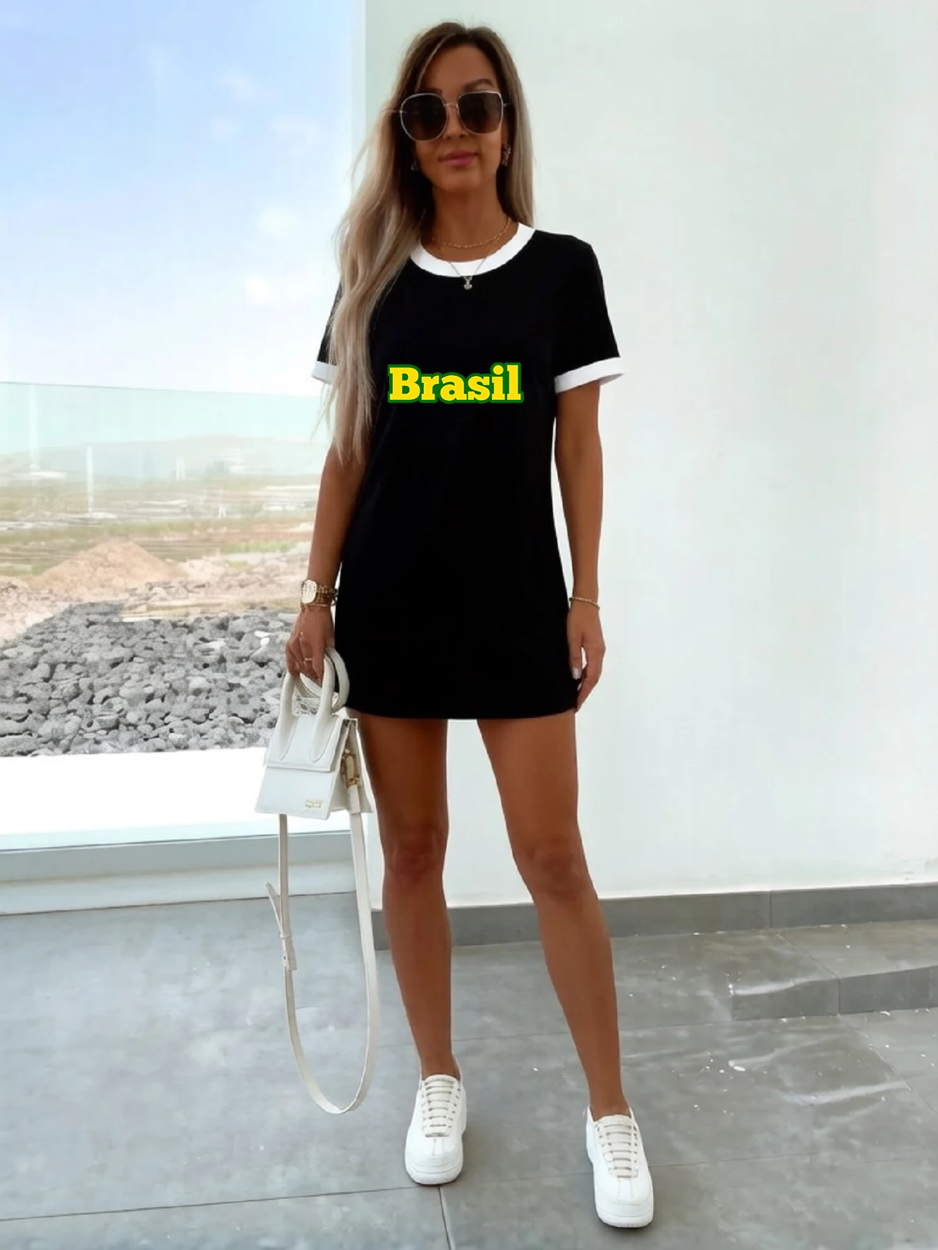 American Retro Style Brasil Brazilian Yellow-Green Letter Print Color-Blocking Round Neck Short-Sleeve T-Shirt Dress, Slim-Fit Bodycon Dress, Summer Streetwear, Commuting, Daily Casual Versatile Mid-Length Women's Dress