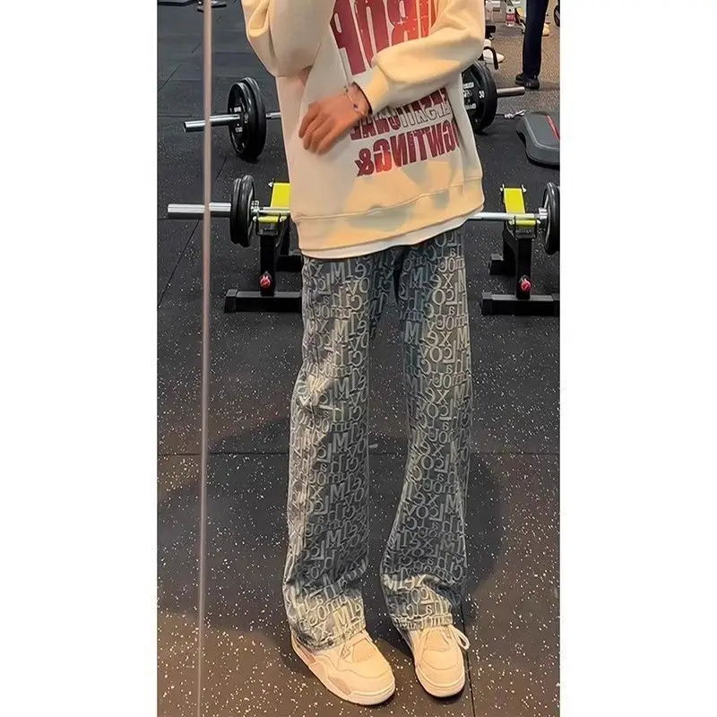 Korean Climate Lot Paris Full Print Jacquard Jeans Men's Summer Slim-fitting Scimitar Streetwear Straight Micro-pull Pants